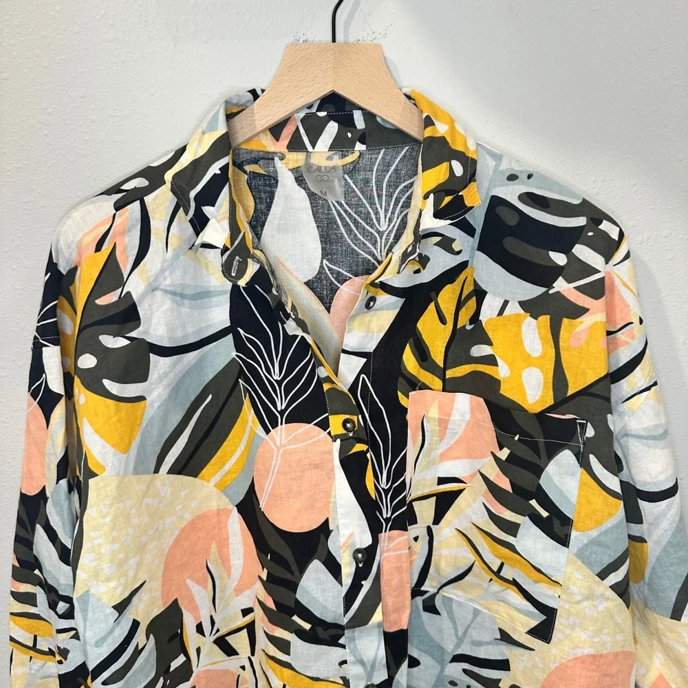 CALIA Button Up Shirt Women Tropical Leaf Size‎ M Multicolor Resort Swim Beach - Picture 7 of 16